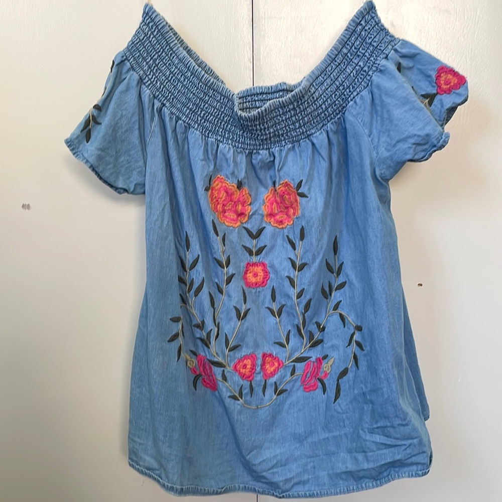 Francescas Floral Chambray Off the Shoulder Top